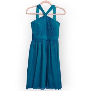 J Crew Sinclair Silk Dress Lined Halter Teal Blue  size 4 Party Cocktail Formal